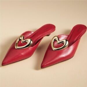 Maeve Heart Mule Heels Red Leather Slip On Kitten Heel Love Sz 38 US 7-7.5 NEW